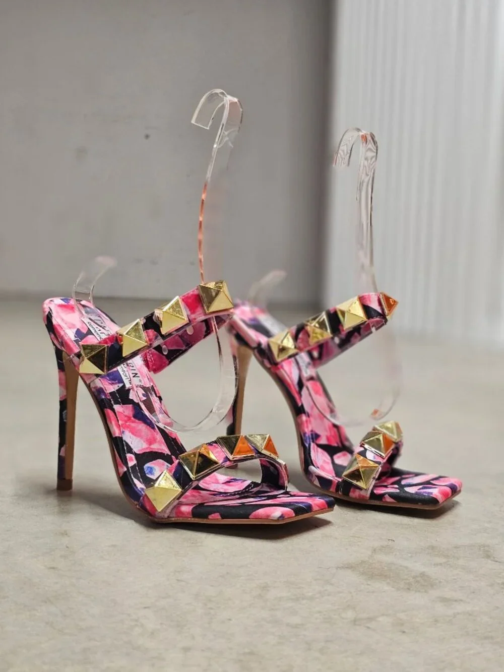 Pink & Gold Studded High Heel Sandals With Floral Pattern Open Toe Stiletto Heel - Picture 12 of 13